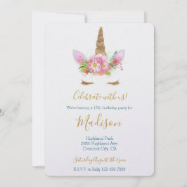 Gold Glitter Wimpern Pink Floral Einhorn Geburtsta Einladung