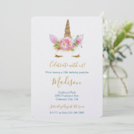 Gold Glitter Wimpern Pink Floral Einhorn Geburtsta Einladung