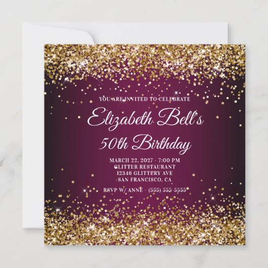 Gold Glitter Wine Dark Ombre 50th Birthday Einladung (Vorderseite)