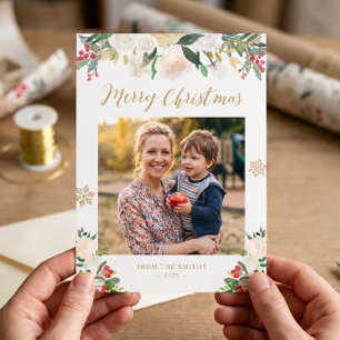 Gold Glitter Winter Florales Frohes Weihnachtsfoto Feiertagskarte