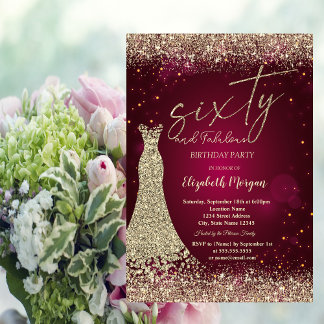 Gold Glitterstaub-Rahmen Kleid Rot 60. Geburtstag Einladung