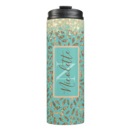 Gold Glittery Feathers Monogram auf Türkis Thermosbecher