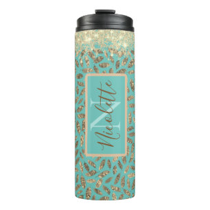 Gold Glittery Feathers Monogram auf Türkis Thermosbecher