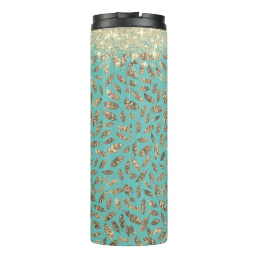 Gold Glittery Feathers Monogram auf Türkis Thermosbecher (Rückseite)