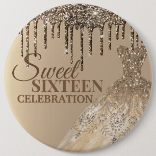 Gold Glittery Glamour Spark Tropfen Sweet 16 Birth Button