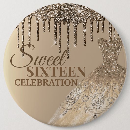 Gold Glittery Glamour Spark Tropfen Sweet 16 Birth Button (Vorderseite)