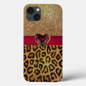 Gold Glittery Leopard Print und Ruby Heart Case-Mate iPhone Hülle (Rückseite)