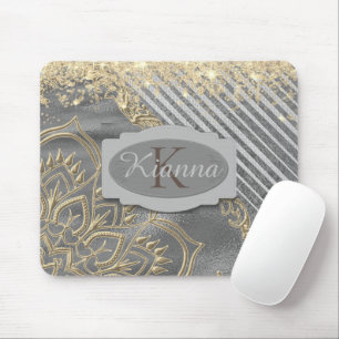 Gold Glittery Lotus Mandala Monogram Mousepad