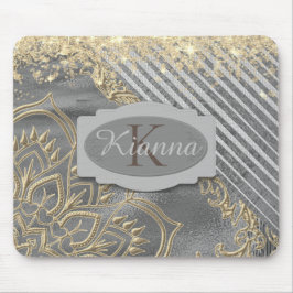 Gold Glittery Lotus Mandala Monogram Mousepad