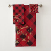Gold Glittery Snowflake Rot Kariert Frohe Weihnach Badhandtuch Set (Insitu)