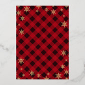 Gold Glittery Snowflake Rotes Kariertes Weihnachts Folieneinladung (Rückseite)