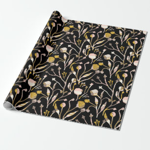 Gold Glittr Elegant Schwarz Rosa Floral Botanisch Geschenkpapier