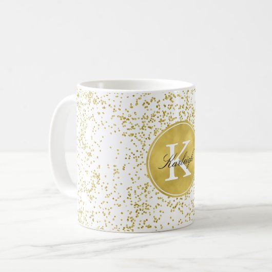 Gold Glitz Confetti Monogram Kaffeetasse (Vorderseite Links)