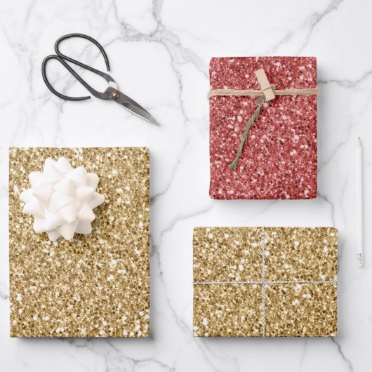 Gold Glitz Glitzer Geschenkpapier Set (Vorderseite)