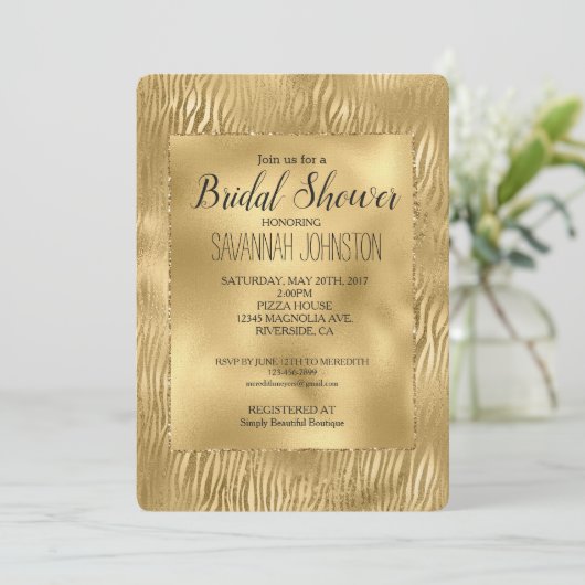 Gold Glitz Zebra Print Brautparty Einladung (Stehend Vorderseite)