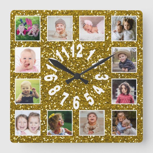Gold Glitzer 12 FotoCollage Quadratische Wanduhr (Vorderseite)