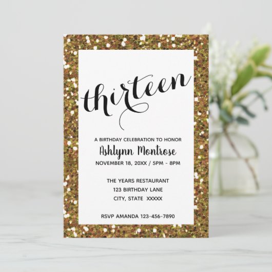 Gold Glitzer 13. Geburtstag Einladung (Stehend Vorderseite)