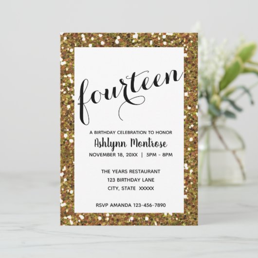 Gold Glitzer 14. Geburtstag Einladung (Stehend Vorderseite)