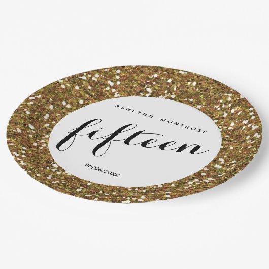 Gold Glitzer 15. Geburtstag Pappteller (Schrägansicht)