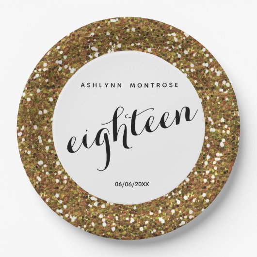 Gold Glitzer 18. Geburtstag Pappteller (Vorderseite)