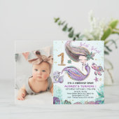 Gold Glitzer 1 Lila Meerjungfrau Foto 1. Geburtsta Einladung (Stehend Vorderseite)