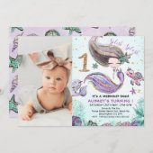 Gold Glitzer 1 Lila Meerjungfrau Foto 1. Geburtsta Einladung (Vorne/Hinten)