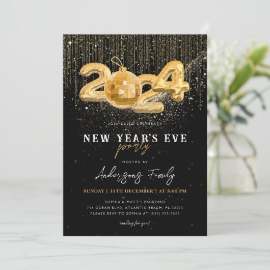 Gold Glitzer 2024 Silvester Party Schwarz Einladung (Stehend Vorderseite)