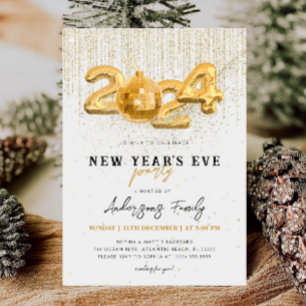 Gold Glitzer 2024 Silvester Party Weiß Einladung