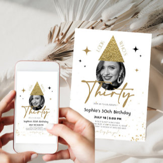 Gold Glitzer 30. Geburtstag Einladung mit Foto