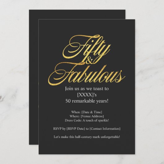 Gold Glitzer 50 und fabelhafte Moderne 50. Geburts Einladung (Vorne/Hinten)