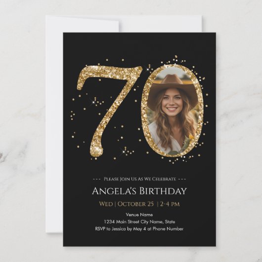 Gold Glitzer 70. Geburtstag Foto Einladung (Vorderseite)