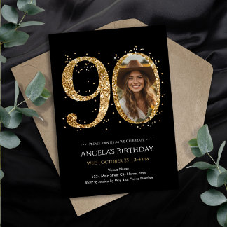 Gold Glitzer 90. Geburtstag Foto Einladung