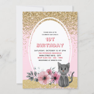 Gold Glitzer Adorable Watercolor Kitten Wild One - Einladung