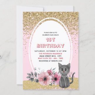 Gold Glitzer Adorable Watercolor Kitten Wild One - Einladung