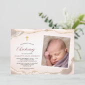 Gold Glitzer Agate Script Foto Girl Christening Einladung (Stehend Vorderseite)