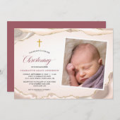 Gold Glitzer Agate Script Foto Girl Christening Einladung (Vorne/Hinten)