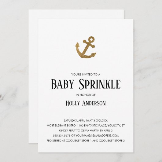Gold Glitzer Anchor Simple Baby Sprinkle Einladung (Vorne/Hinten)