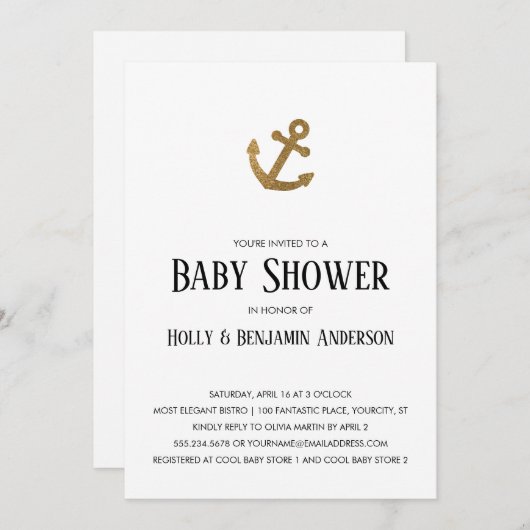 Gold Glitzer Anchor Simple Couples Kinderdusche Einladung (Vorne/Hinten)
