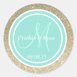 Gold Glitzer & Aqua Wedding Monogram Siegel Runder Aufkleber