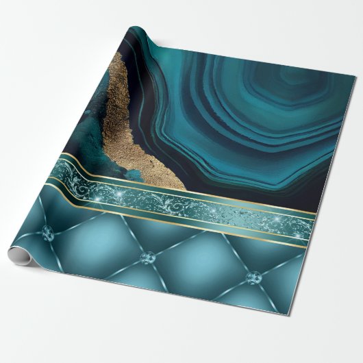 Gold Glitzer Aquamarin Agate Marble Diamonds Geschenkpapier (Ungerollt)