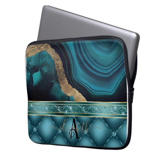 Gold Glitzer Aquamarin Agate Marble Diamonds Laptopschutzhülle (Vorderseite Links)