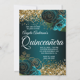 Gold Glitzer Aquamarin Blauer Blütenglanz Quinceañ Einladung