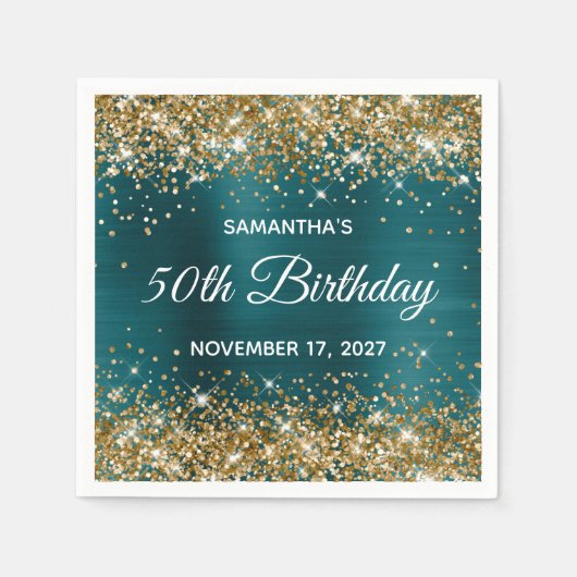 Gold Glitzer Aquamarin Blue Foil 50. Geburtstag Serviette (Vorderseite)