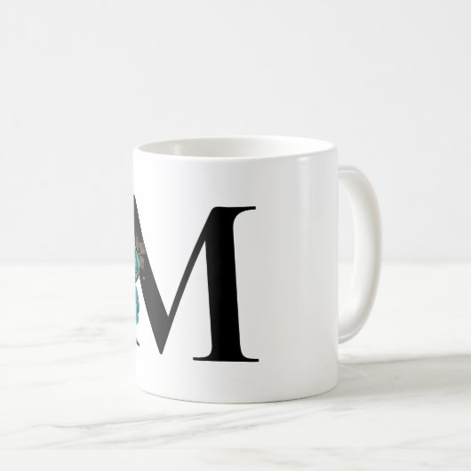 Gold Glitzer Aquamarin Floral Glam Monogram Kaffeetasse (VorderseiteRechts)