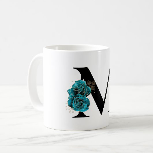 Gold Glitzer Aquamarin Floral Glam Monogram Kaffeetasse (Vorderseite Links)