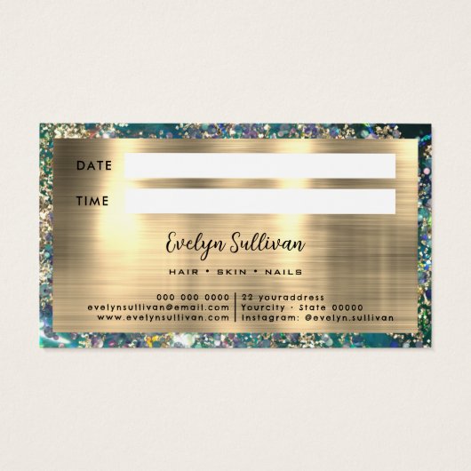 Gold Glitzer aquamarin Opal Terminkarte (Rückseite)