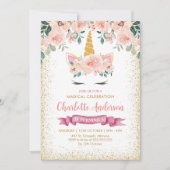 Gold Glitzer Aquamarin Peach Floral Unicorn Geburt Einladung (Vorderseite)