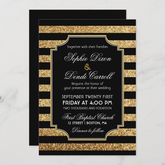 Gold Glitzer Art Deco 1920er Jahre Einladung zur H (Vorne/Hinten)