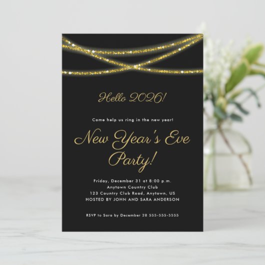 Gold Glitzer auf Black | Party des Neujahrs Einladung (Stehend Vorderseite)