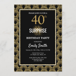 Gold Glitzer auf Black Surprise 40. Geburtstag Einladung